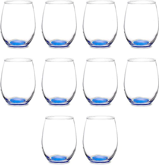 DISCOUNT PROMOS Stemless Wine Glasses in Bulk by ARC Perfection, 15 oz -10 pack, Red or White Wine Glass Drinking Set, Blue