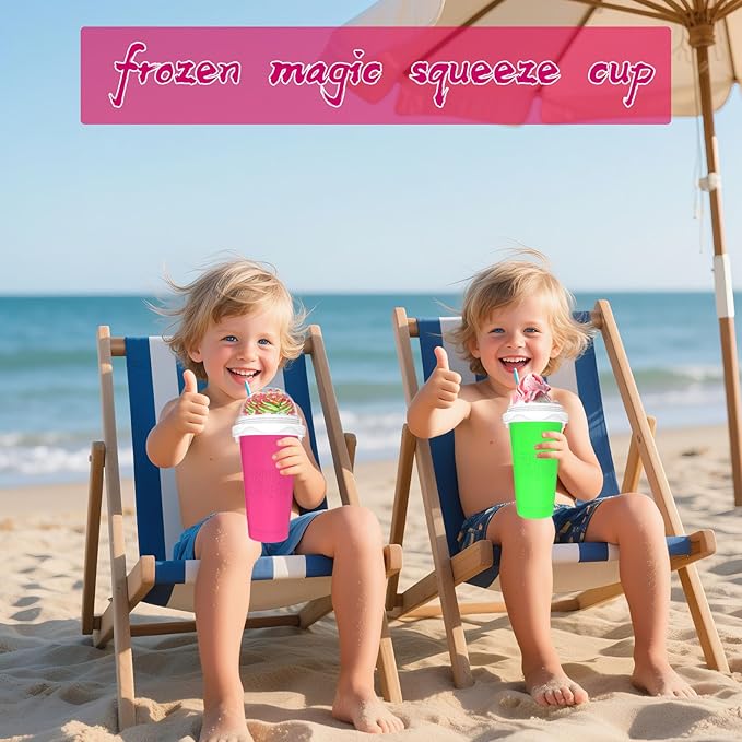2PCS Slushie Maker Cup, Quick Frozen Magic Cups for Homemade Milk Shake Ice Cream Maker, Double Layer Squeeze Slushy Maker Cup, Birthday Gifts for Kids,Friends,Family (Pink+Green, 350ML)