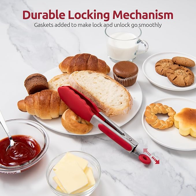 480ºF Heat Resistant Kitchen Tong: U-Taste 7 inch Silicone Cooking Tong with Firm Sealed Non Stick Rubber Tips & Silicon Coated 18/8 Stainless Steel Handle & Smooth Locking for Serving Salad (Red)