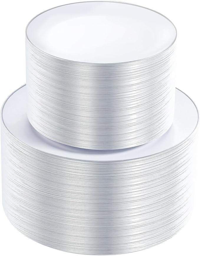 KIRE 200PCS Silver Plastic Plates - White Plastic Plates with Silver Rim Include 100 Dinner Plate and 100 for Dessert/Salad Plate for Birthday/Wedding/Party