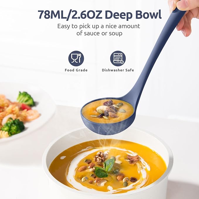 2.6oz Small Silicone Soup Ladle: U-Taste 600ºF Heat Resistant Non-Stick Kitchen Deep Serving Spoon, Soft Cooking Utensil with Non-Slip Solid Handle for Mixing Sauce Stew Gravy (11in, Midnight Blue)