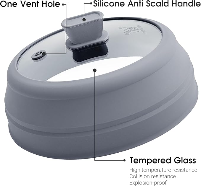 Microwave Splatter Cover Glass Microwave Cover for Food Collapsible Splatter Guard Lid with Silicone Handle for Pot Plate Bowl 9 Inch Grey