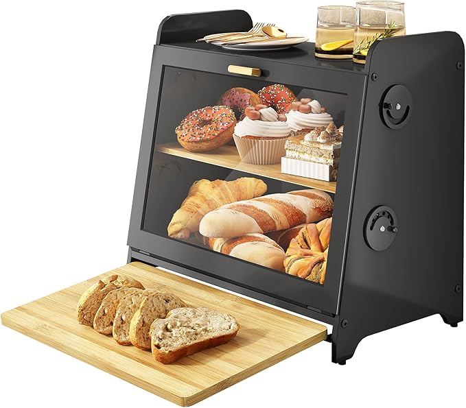 SNTD Bread Box, Wooden Bread Storage Container for Kitchen Countertop with Bamboo Cutting Board, Black (L)