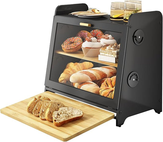 SNTD Bread Box, Wooden Bread Storage Container for Kitchen Countertop with Bamboo Cutting Board, Black (L)