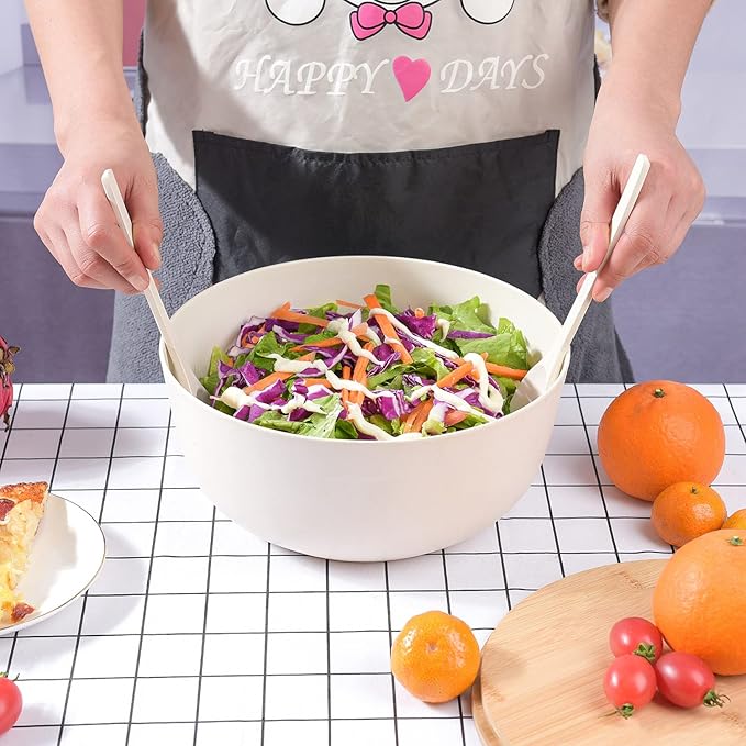 Bamboo Fiber Salad Bowl with Servers Set Large 9.8inches Nature Bamboo Mixing Bowl with Servers with Lid Spoon and Fork for Fruits,Salads and Vegetables