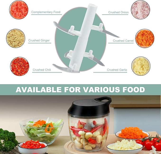 ZHANG XIAO QUAN SINCE 1628 Manual Vegetable Chopper, Hand Pull String Garlic Mincer Onion Cutter for Veggie, Peppers, Tomatoes, Ginger, Fruits, Nuts, 3.6 Cup(900ml) Food Chopper With Egg Whisk