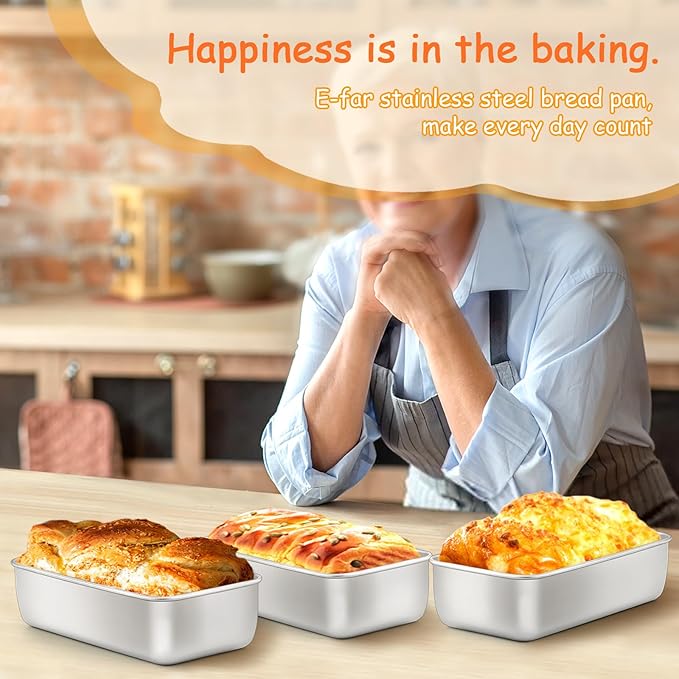 E-far Loaf Pan for Baking Bread, 9 x 5 Inch Stainless Steel Baking Loaf Pans, Metal Bakeware for Bread Meatloaf Cake Brownies, Healthy & Non Toxic, Easy Release & Dishwasher Safe - Set of 2