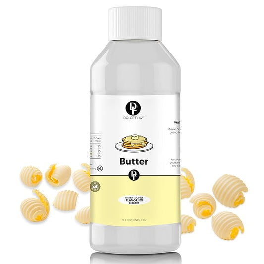 Dolce Flav Butter Extract – 8 Ounce Water-Soluble Kosher, Sugar-Free, Concentrated Imitation Butter Flavor for Baking, Cookies & Frostings, Includes Measured Dropper