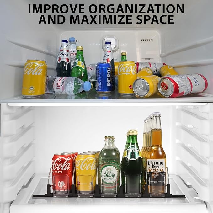 Upgraded Drink Organizer for Fridge – Adjustable Width Soda Can Organizer with Automatic Glide, Space-Saving Refrigerator Can Dispenser Holds Up to 25 Cans – Drink Holder for Fridge (5 Rows, Black)