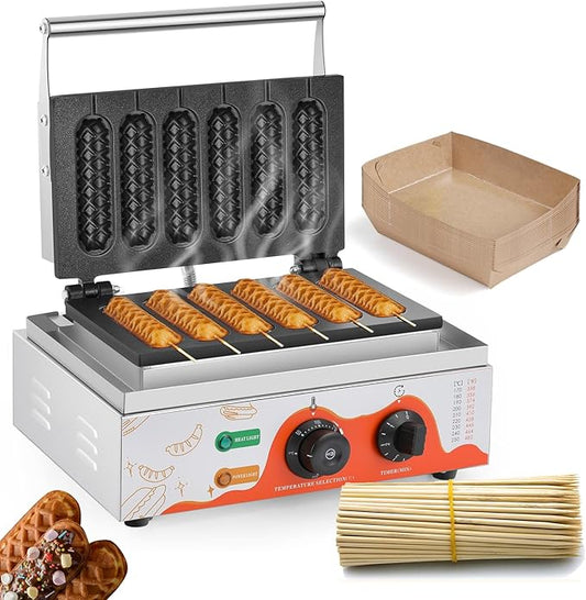 Moongiantgo Commercial Corn Dog Waffle Maker Machine 6 PCS 1550W Waffles on a Stick Maker Stainless Steel, 50-300℃ Temp Control, 5-min Timer Waffle Dog Maker 110V(White)