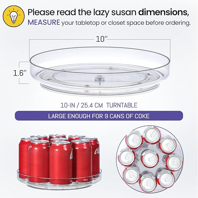 2 Pack, 10 Inch Clear Non-Skid Lazy Susan Organizers - Turntable Rack for Kitchen Cabinet, Pantry Organization and Storage, Fridge, Bathroom Closet, Vanity Countertop Makeup Organizing, Spice Rack