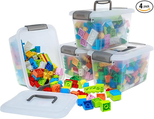 Citylife 4 Packs 6 QT Storage Bins with Lids Clear Plastic Bins with Grey Handle Stackable Storage Containers for Organizing