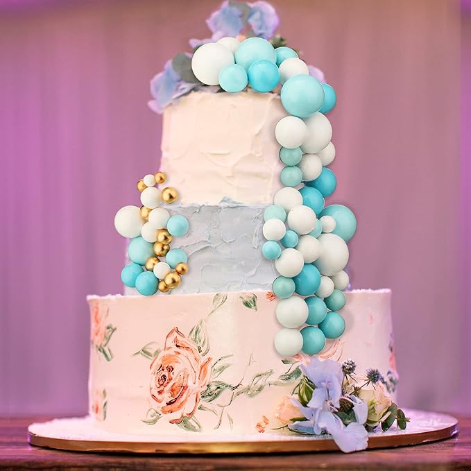 108 Pcs Balls Cake Topper DIY Cupcake Insert Foam Balloons for Cake Baking Wedding Anniversary Birthday Decoration(Blue, White, Gold,Multi Sizes)
