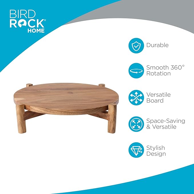 BIRDROCK HOME Elevated Lazy Susan | Rotating Acacia Wood Platter with Raised Legs | Ideal for Serving, Organizing, and Decor | Smooth 360° Rotation (Natural, Medium)