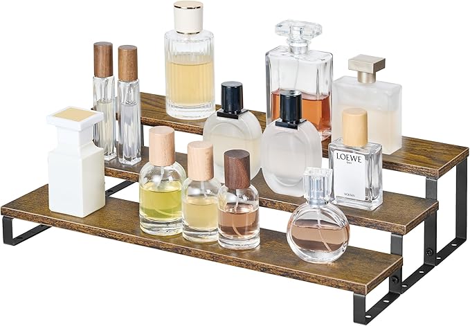 Spice Rack,Wooden Display Riser Stand, 3-Tier Perfume Stand and Cologne Organizer Stand, DIY Spice Rack Organizer, Display Shelf Metal Frame