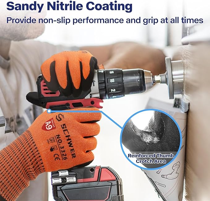 Schwer ProGuard Highest Level Cut Resistant Work Gloves PR3326 for Extreme Protection，ANSI A9 Cut Gloves with Reinforced Thumb, Non Slip, Breathable, Durable, Touch-screen, Non PFAS, Orange 1 Pair（L）