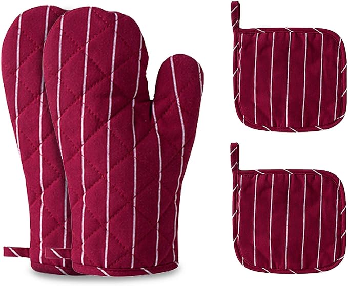 4Pcs Oven Mitts and Pot Holders, Heat Resistant Oven Mitts Set with Pothholder,Heat Resistant Microwave Gloves Safe for Baking,Cooking, BBQ (Red)