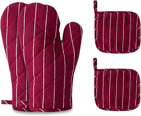 4Pcs Oven Mitts and Pot Holders, Heat Resistant Oven Mitts Set with Pothholder,Heat Resistant Microwave Gloves Safe for Baking,Cooking, BBQ (Red)