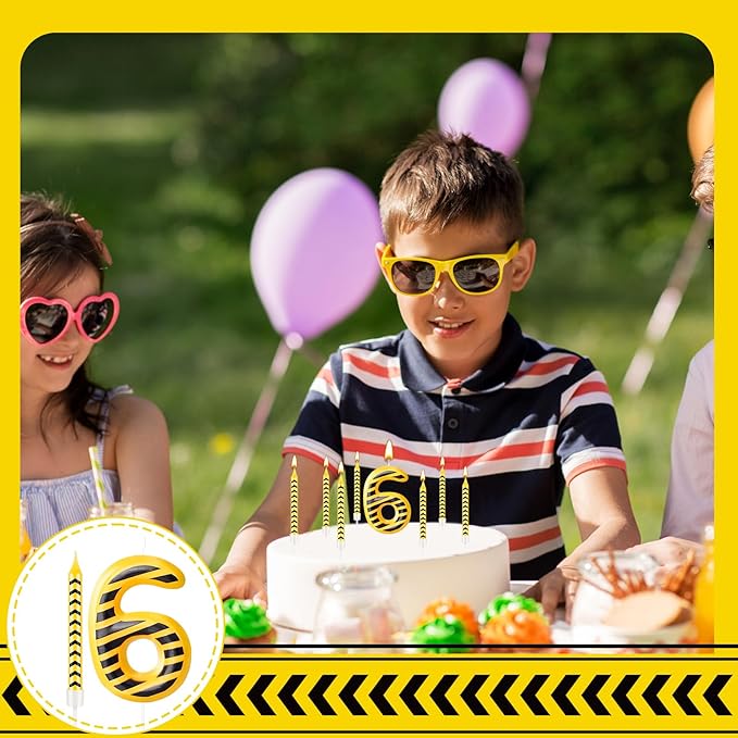 13 Pcs Construction Themed Birthday Candles Set Yellow and Black Number 6 Candle Cake Topper for Construction Party Decoration Supplies (Number 6)