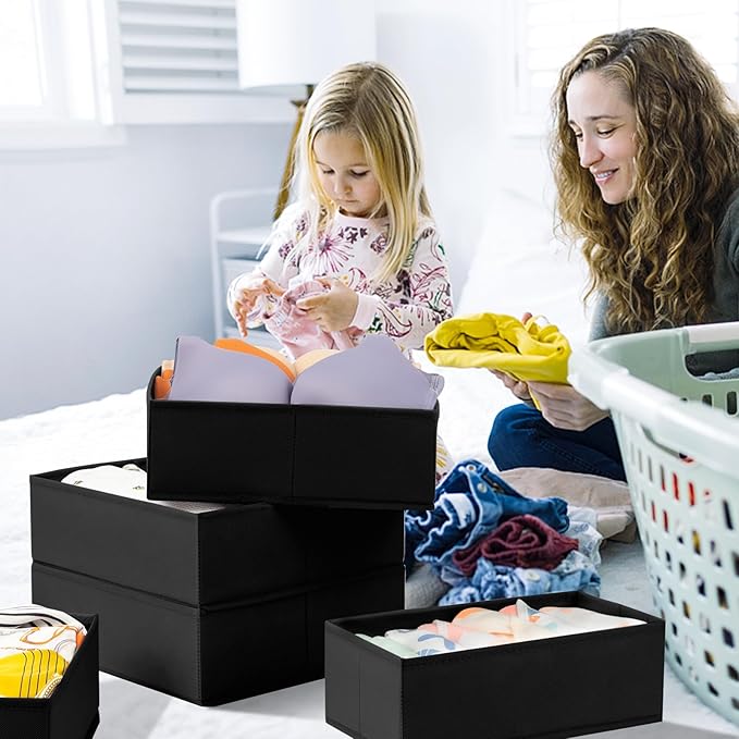 Criusia Drawer Organizer - 6 Pack Clothes Bins for Bedroom & Nursery - Dividers for Socks, Underwear & Baby Clothes - Black