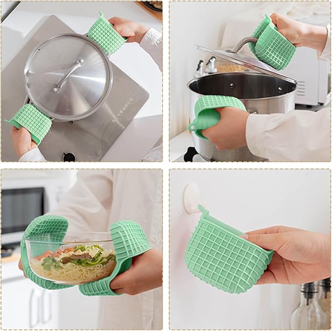 Mini Silicone Oven Mitts Set, Oven Mitts Heat Insulation, Oven Gloves for Kitchen Cooking and Baking, Protecting Fingers Mini Oven Hand Clips are Sold in Pairs (Square-Green)