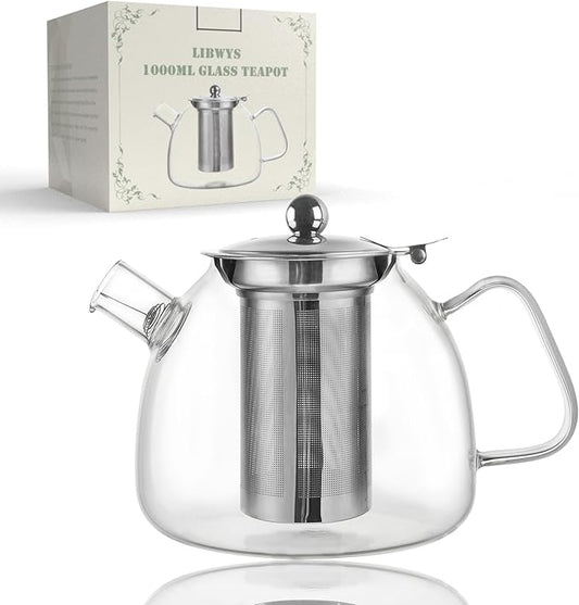 LIBWYS 1000ml(34oz) Glass Teapot, Teapot with Removable Infuser, Stovetop Safe Tea Pot made of Heat-resistant Borosilicate Glass, Blooming and Loose Leaf Tea Maker, Easy to Clean