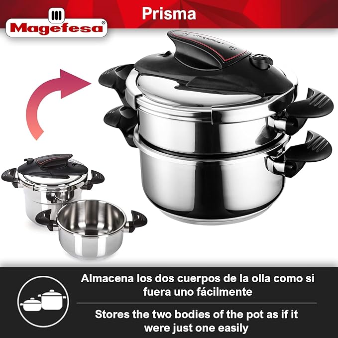 MAGEFESA Prisma Pressure Cooker, 4.2+6.3 Qt, 18/10 Stainless Steel, Easy Lock, Induction Compatible, 5 Safety Systems, 11.6 PSI