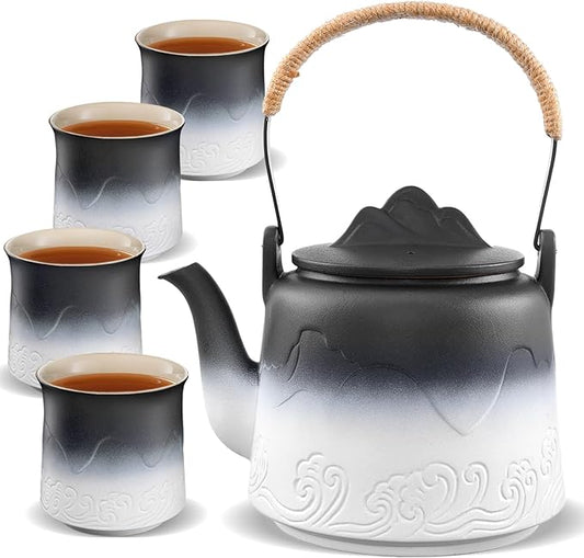 ZENS Vintage Japanese Tea Set, 33.8 oz Gradient Embossed Ceramic Japanese Teapot with Built-in Strainer for Tea Steeper, Hemp Rope Handle Loose Leaf Tea Pot with 4 Cups for Tea Party, Black & White