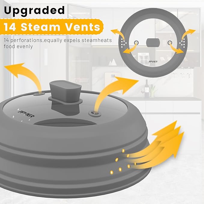 Microwave Splatter Cover, Vented Silicone and Glass Cover Splatter Guard Lid, Food Collapsible Plate Cover Lid with Easy Grip Handle. (Gray, 10.8 inch)