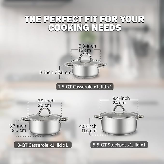Cook N Home Sauce Pot Stainless Steel Stockpot with Glass Lid, Basic Saucier Casserole Pan Set, 6 Piece Set