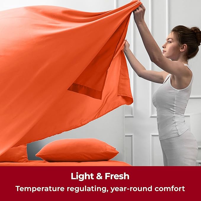 Mellanni Split King Sheets Set - 5 PC Iconic Collection Bedding - Hotel Luxury, Extra Soft, Cooling Bed Sheets - Wrinkle, Fade, Stain Resistant (Split King, Poppy Orange)