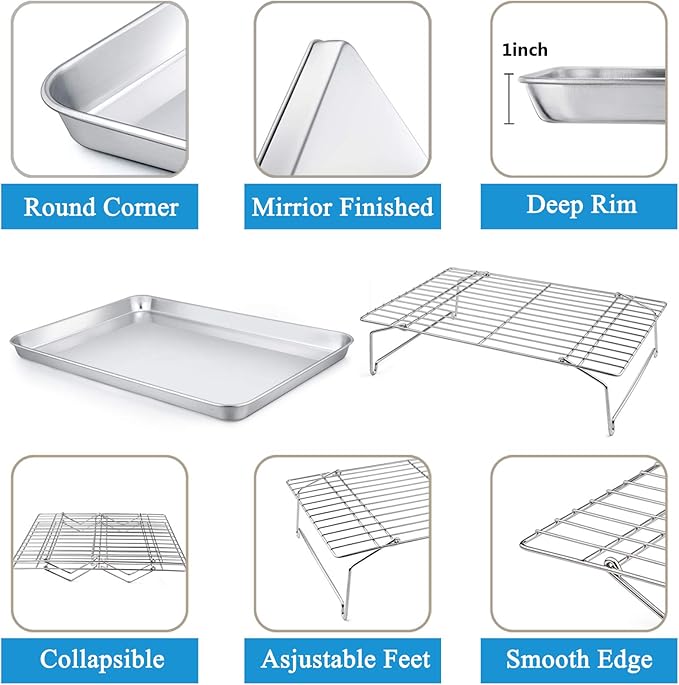 P&P CHEF 16 Inch Stainless Steel Baking Sheet with Rack Set (2 Pans+ 2 Racks), Cookie Sheets Baking Trays and Cooling Wire Racks, Oven & Dishwasher Safe, Pans with Stackable Racks