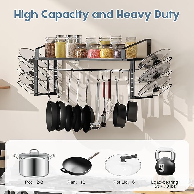 27-Inch Kitchen Pan Pot Rack Wall Mounted-Hanging Pots and Pans Organizer with 12 Hooks and 6 Pot Lid Holders,Heavy Duty Steel Pot and Pan Hanger for Cookware Utensils Storage,Screw-Upgraded Version