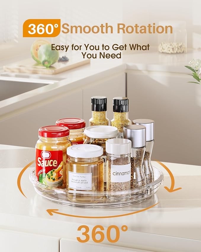 LAMU 2 Pack Lazy Susan Organizer 9.25 inch Lazy Susan Turntable for Cabinet, Rotating Spice Organization for Cabinet, Kitchen, Table Top, Countertop, Pantry Fridge Organizers and Storage, Clear
