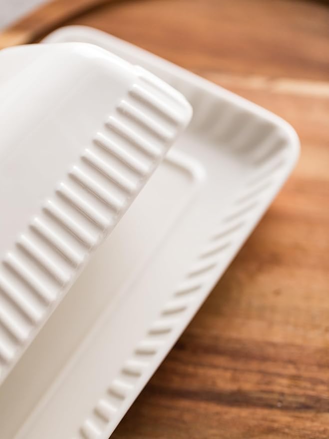 Ceramic Butter Dish with Lid, White Butter Holder Container with Porcelain Cover Knob Handle, Butter Dishes for Countertop Refrigerator, Perfect for East West Coast Butter Storage, Striped