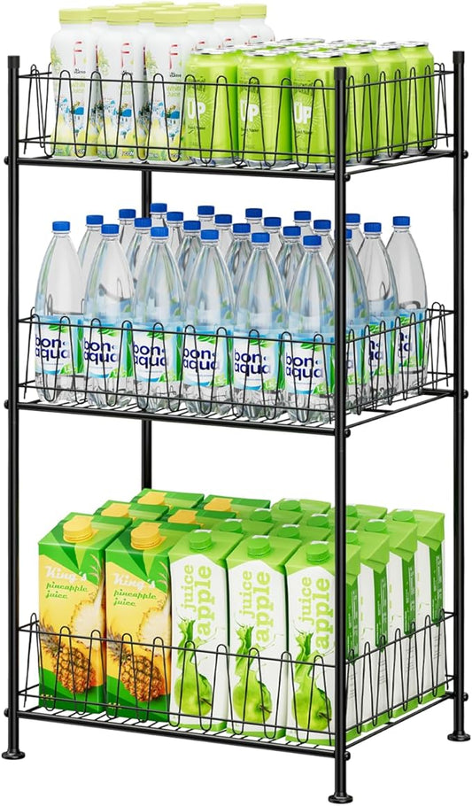 Water Bottle Organizer 3 Tier Freestanding Water Bottle Holder Storage Rack Metal Drink Beverage Soda Can Organizer Shelf Stand for Floor Pantry Kitchen Classroom Food Storage, Black