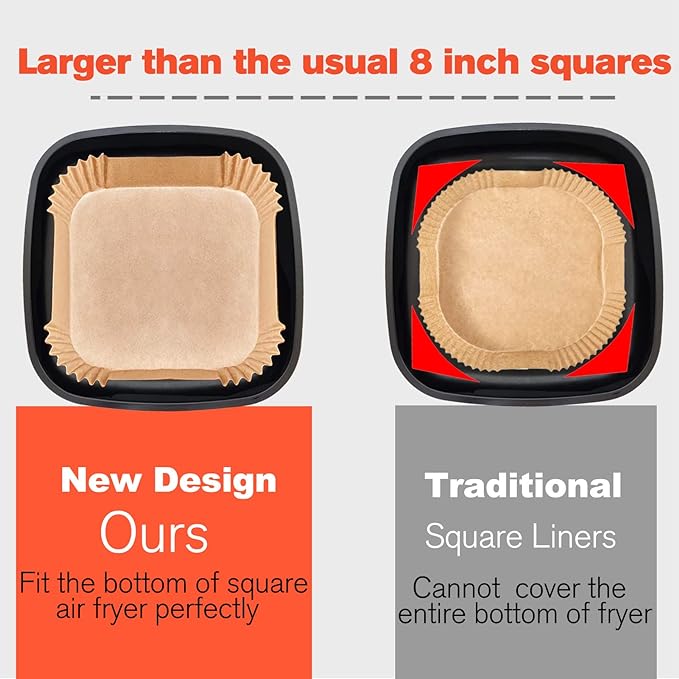 Air Fryer Disposable Paper Liner Square 10 Inch, 100Pcs Largest Square Air Fryer Paper Liners for 8-12QT Air fryer, Non-stick Food Grade Parchment Paper for Frying, Cooking, Roasting and Microwave