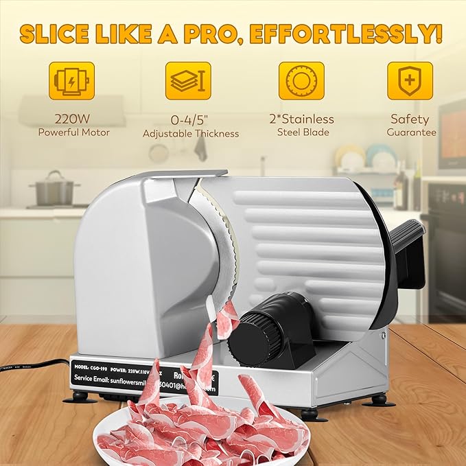 CGOLDENWALL Meat Slicer, 220W Electric Deil Food Slicer with 2 Removable 7.5" Blades, 4/5" Adjustable Thickness, Food Slicer Machine for Home Cutting Meat Cheese Bread Vegetables, 110V CE