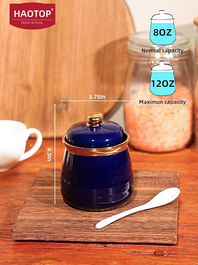 HAOTOP 12oz Sugar Bowl with Lid and Spoon,Simple Ceramic Sugar Jar Sugar Container Sugar Dispenser Coffee Bar Accessories, Modern Kitchen Countertop Canisters (Navy)
