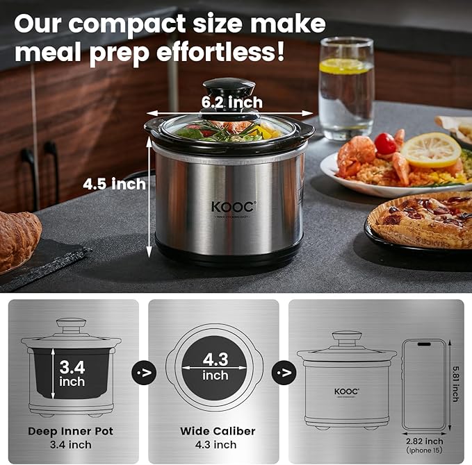 KOOC Small Slow Cooker, 0.65-Quart, Free Liners Included for Easy Clean-up, Upgraded Ceramic Pot, Nutrient Loss Reduction, Stainless Steel, Silver, Round