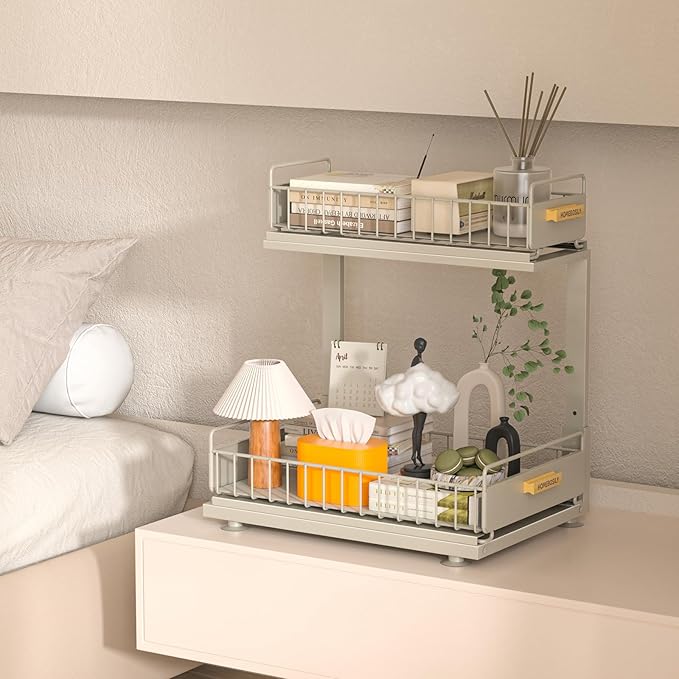 Under Sink Organizer, Pull Out Kitchen Cabinet Organizer 2 Tier Slide Out Under Sink Organizers and Storage, Sink Shelf Cabinet Storage Shelves for Kitchen Bathroom Pantry, Grey