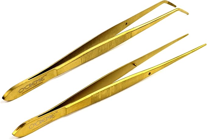 O'Creme Gold Stainless Steel Precision Kitchen Culinary Fine-Tip Tweezer Tongs, 1 Curved and 1 Straight