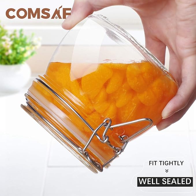 ComSaf Airtight Glass Canister Set of 6 with Lids 17oz Food Storage Jar Round - Storage Container with Clear Preserving Seal Wire Clip Fastening for Kitchen Canning Cereal,Pasta,Sugar,Beans,Spice