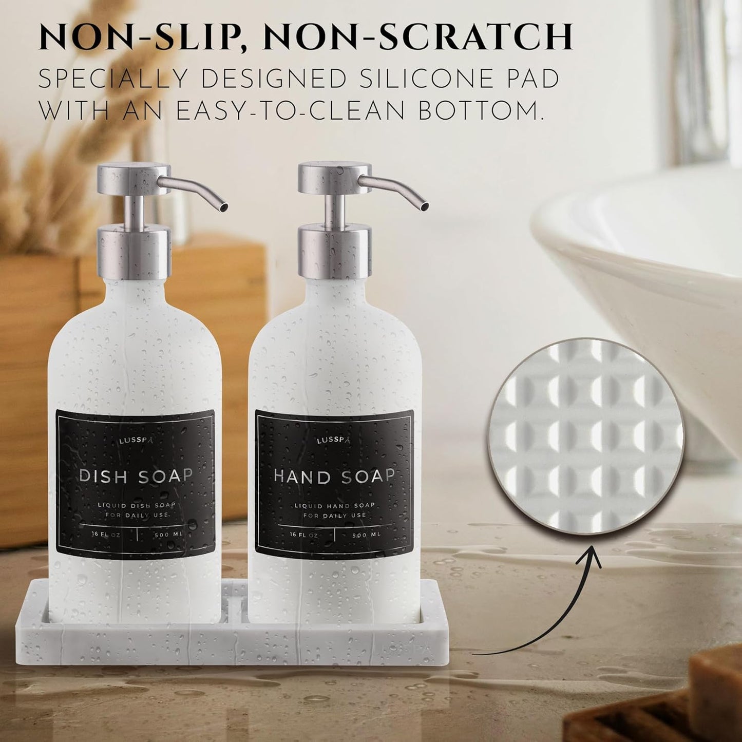 Lotion, Hand & Dish Soap Dispenser for Kitchen Sink - Bathroom Soap Dispenser Set of 2 16.8 Oz Glass Bottles with Stainless Steel Pump, 15 Water Proof Labels & Silicon Tray (White/Silver)