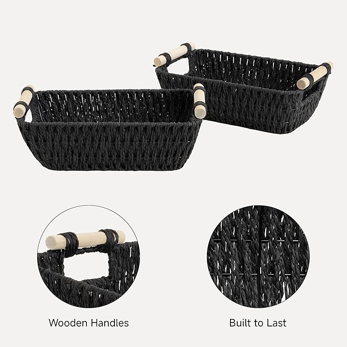 StorageWorks Black Wicker Storage Basket for Organizing with Wooden Handles, Small Woven Basket for Bathroom, Toilet Paper, 2-Pack