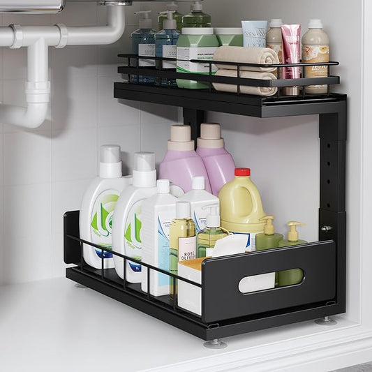 1 Pack Under Sink Organizer Upgrade To Professional Rails,2-Tier Dual Pull Out Cabinet Storage,Height Adjustable Slide Out Drawers For Bathroom Kitchen,Under Sink Shelf-Black