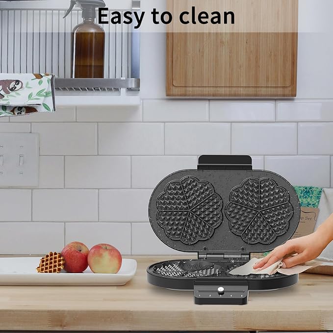 Electric Waffle Maker Heart-Shaped: 2 Non-Stick double-Side Heating Plates with 5-Setting Adjustable Browning Control for Fast Heating - No Flip Design & Compact Storage for Busy Families