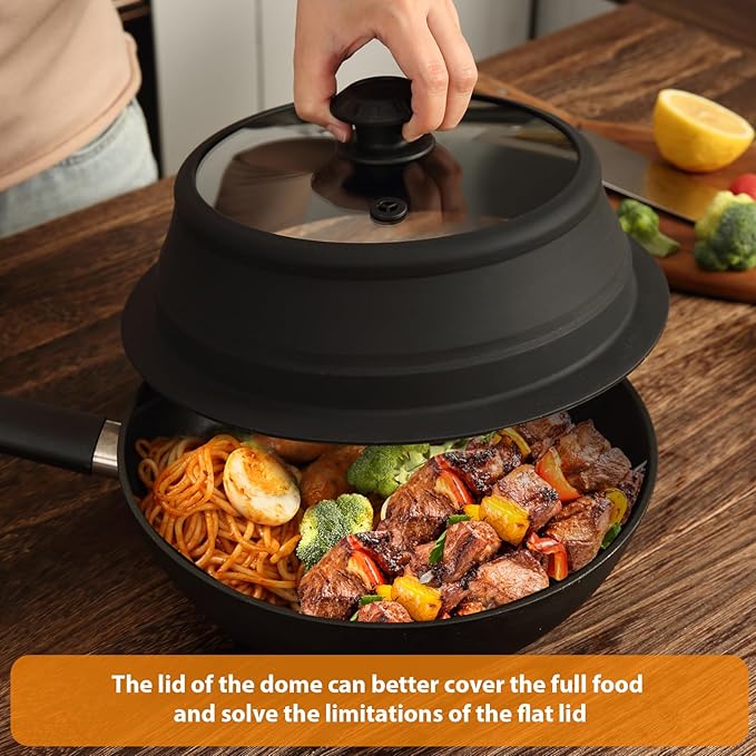 Collapsible Microwave Splatter Lid with Vented Tempered Glass Cover Wok Lid for Microwave Safe, Stockpot Steamer Pot Pan 10.5-11 inch Universal Multifunction Silicone Cover