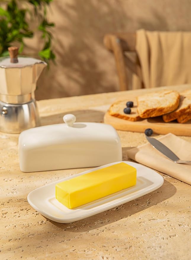 Sweese Butter Dish with Lid, Porcelain Butter Keeper, 7.8 Inch Butter Holder with Handle Cover, Butter Container Perfect for East West Coast Butter, White