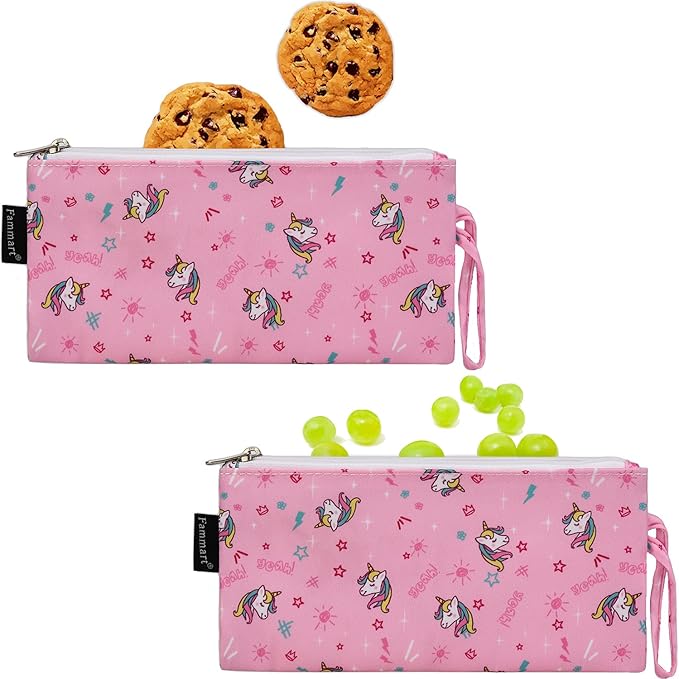 Reusable Sandwich Bag/Snack Bag for Kids & Adults, Dual Layer Lunch Bag with Handle, Washable, Food Safe, BPA Free (2-Pack, Unicorn)